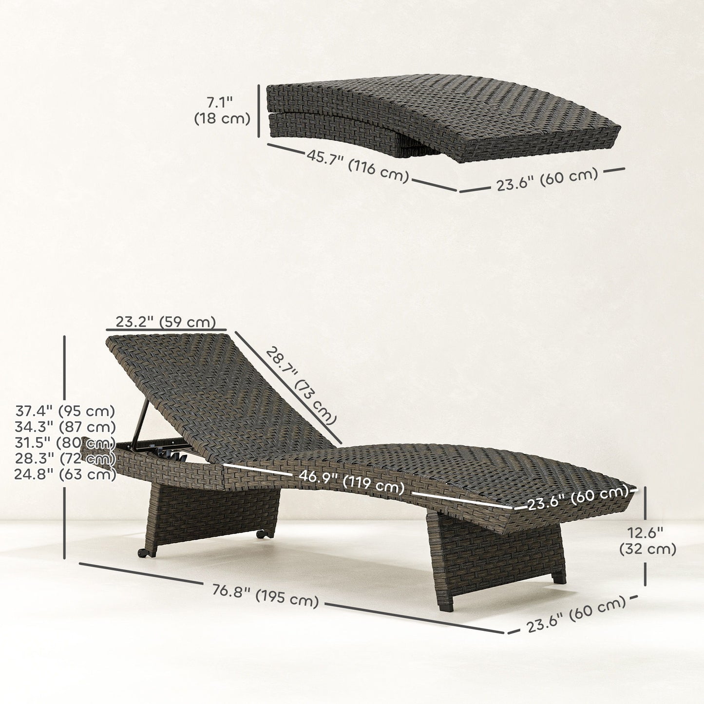 Rattan Folding Outdoor Lounger Chair Recliner with 5-Level Adjustable Backrest, Wheels for Garden, Patio, Mixed Brown