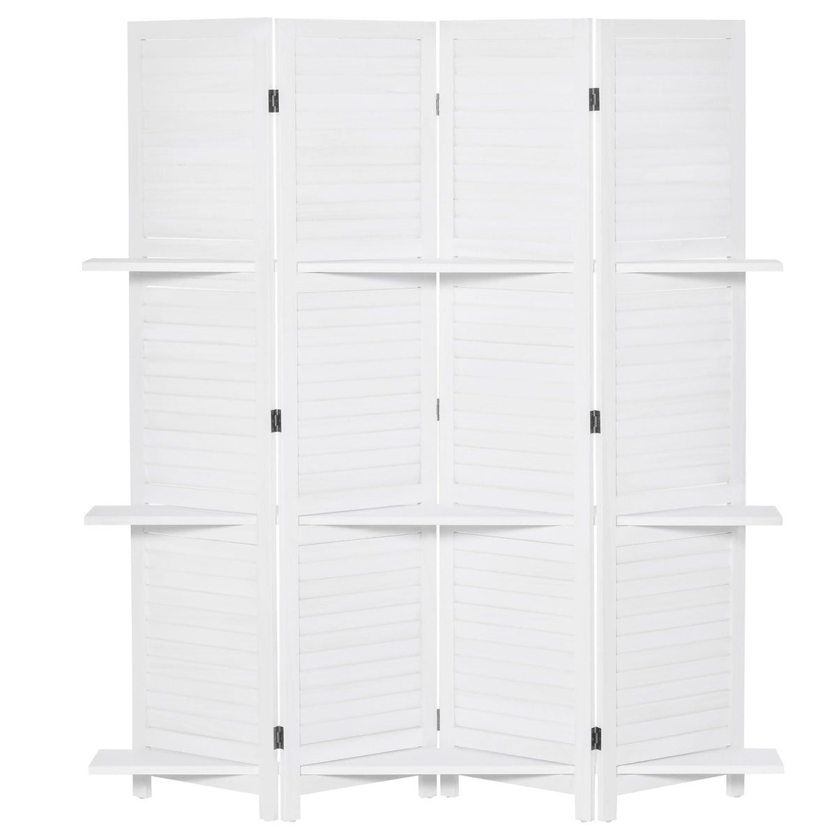 4-Panel Wall Partition Room Separator with 3 Storage Shelves Foldable Design Wooden Frame 5.6FT White