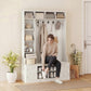 Hall Tree with Bench and Shoe Storage, Entryway Bench with Coat Rack, 12 Shelves, 2 Cabinets, 5 Hooks, White Wood Grain