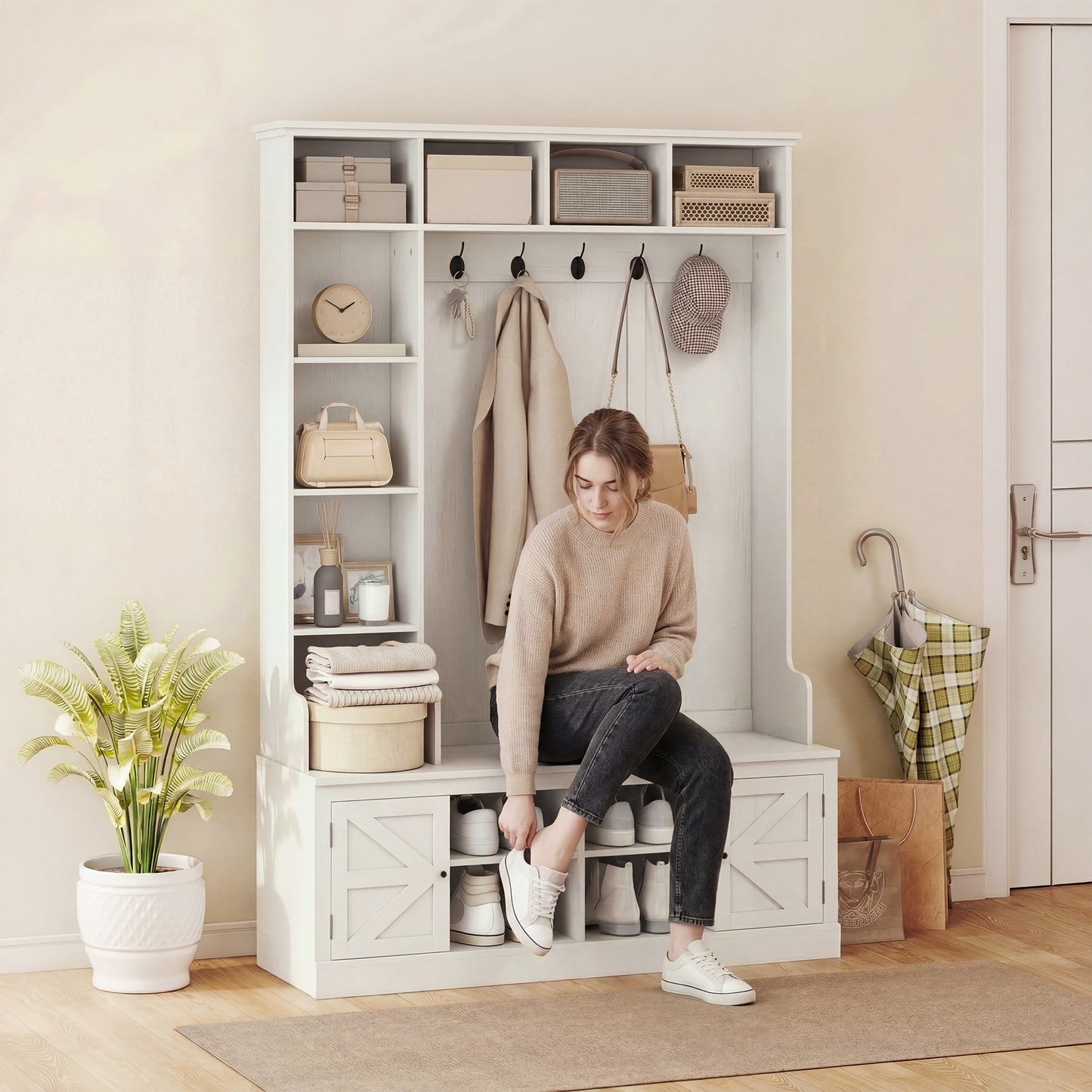 Hall Tree with Bench and Shoe Storage, Entryway Bench with Coat Rack, 12 Shelves, 2 Cabinets, 5 Hooks, White Wood Grain