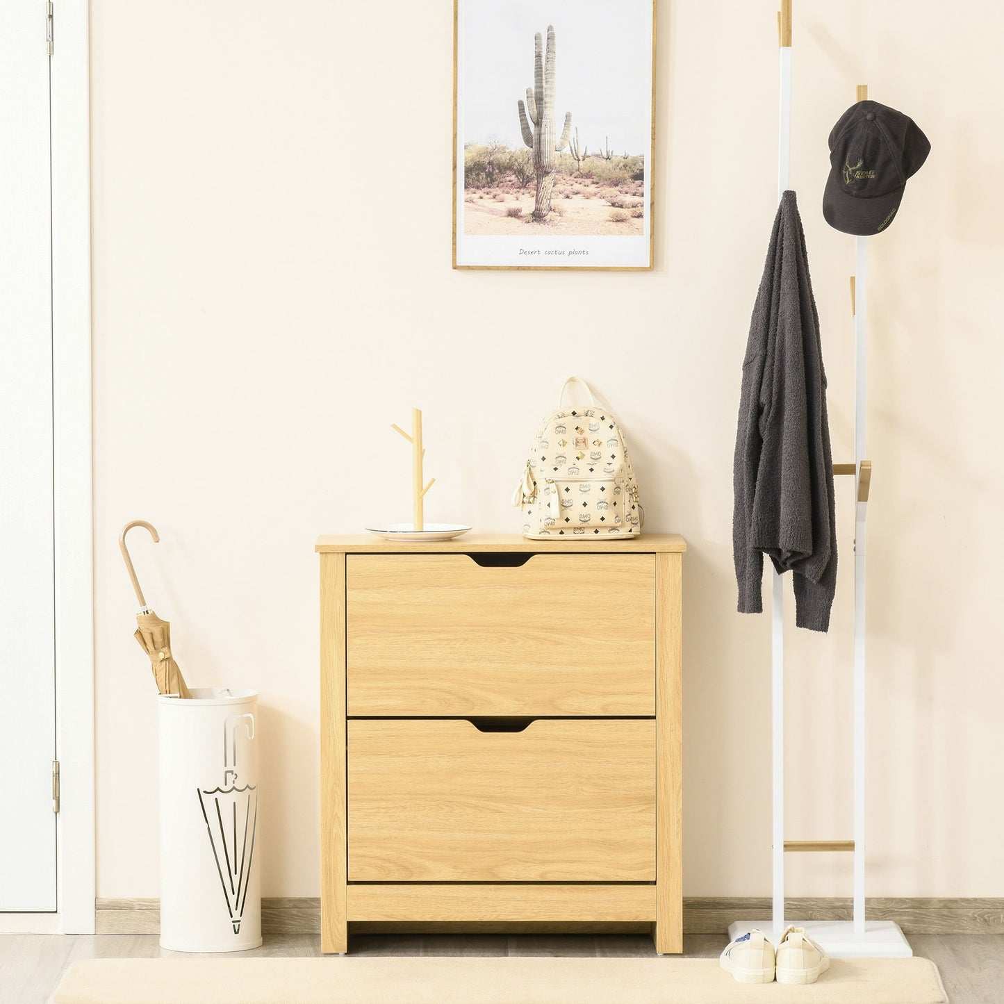 Shoe Storage Cabinet with 2 Flip Drawers and Adjustable Shelves for 12 Pairs of Shoes, Natural Wood