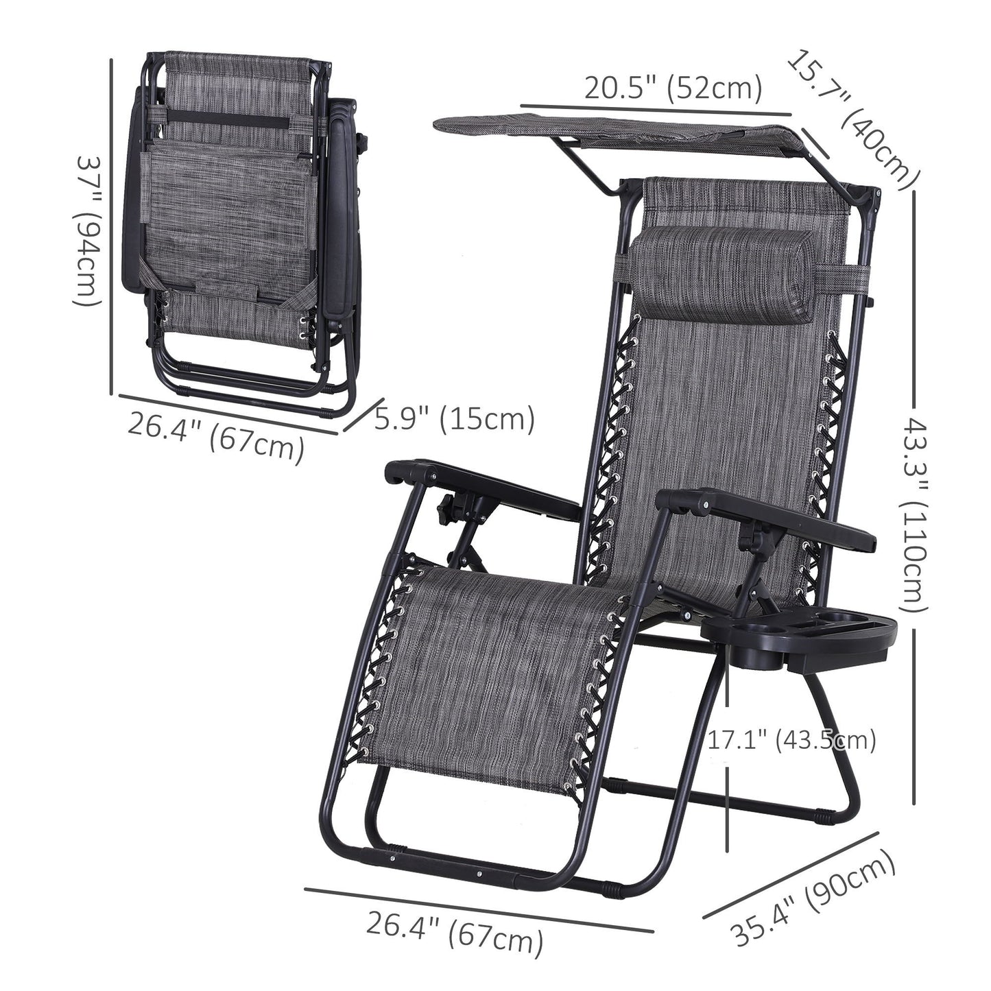 Outdoor Zero Gravity Reclining Lounger Chair with Canopy Shade, Side Tray, Cupholder, Dark Grey