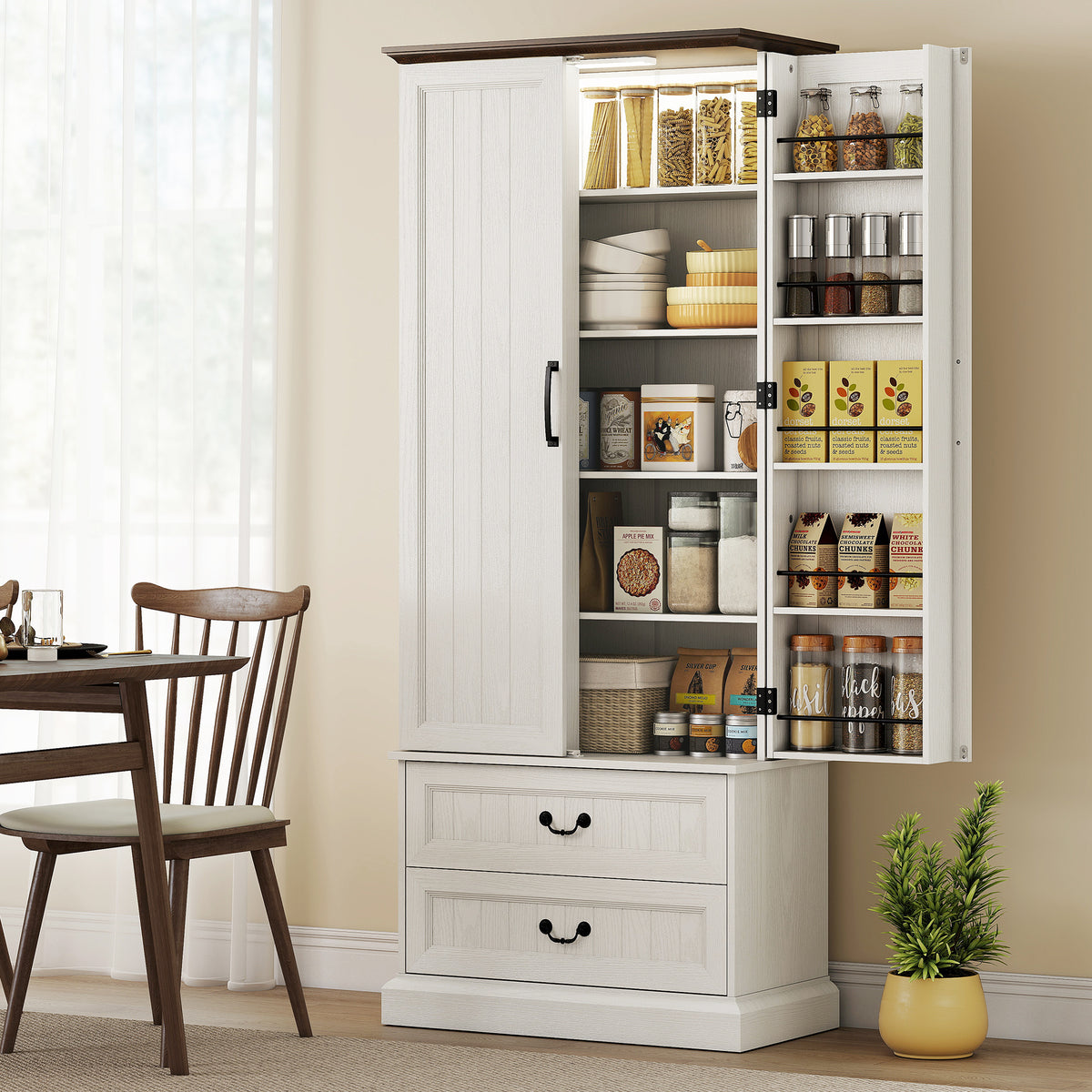 72" LED Kitchen Pantry Cabinet, Buffet Storage Cabinet with 10 Door Shelves, 2 Drawers and Adjustable Shelves, White