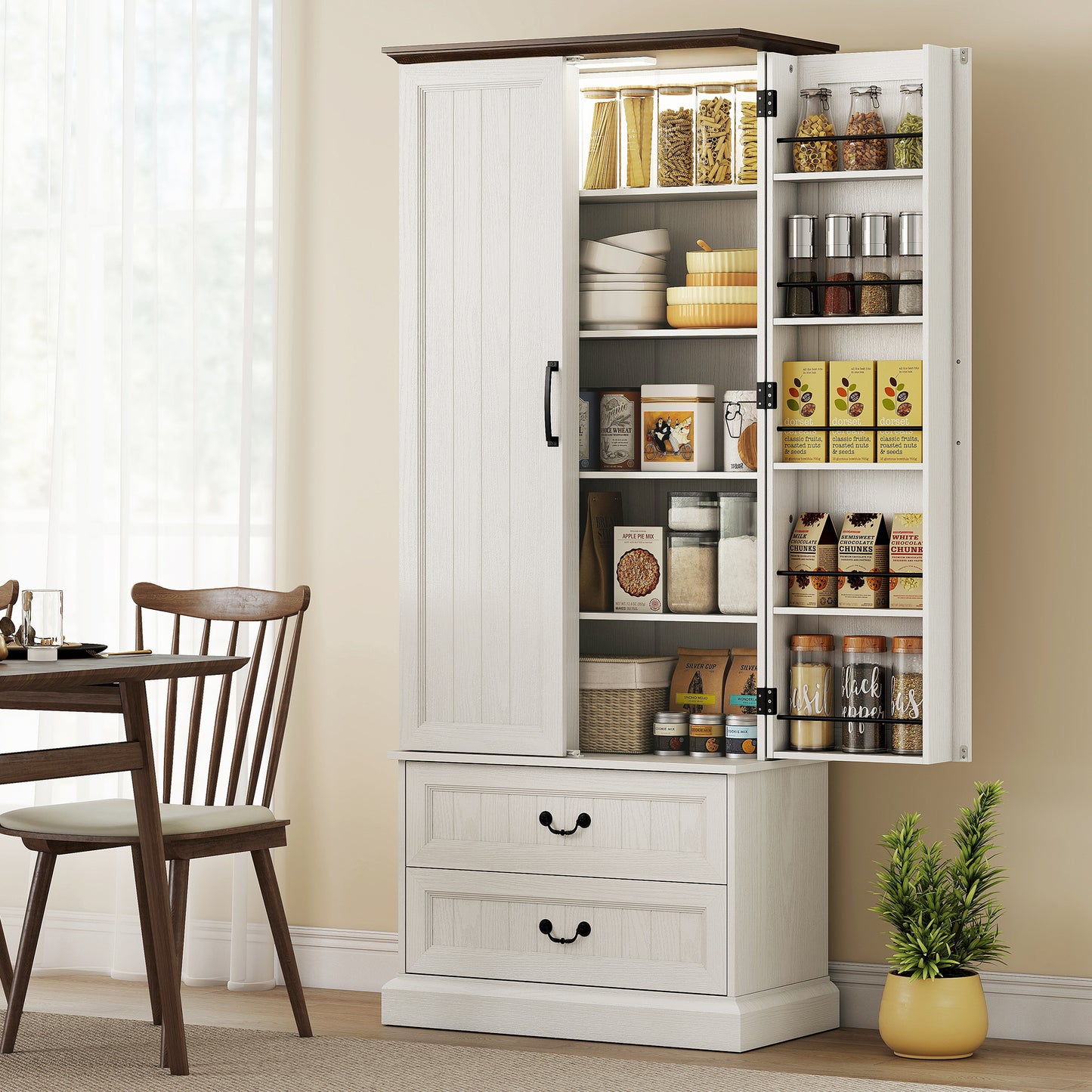 72" LED Kitchen Pantry Cabinet, Buffet Storage Cabinet with 10 Door Shelves, 2 Drawers and Adjustable Shelves, White