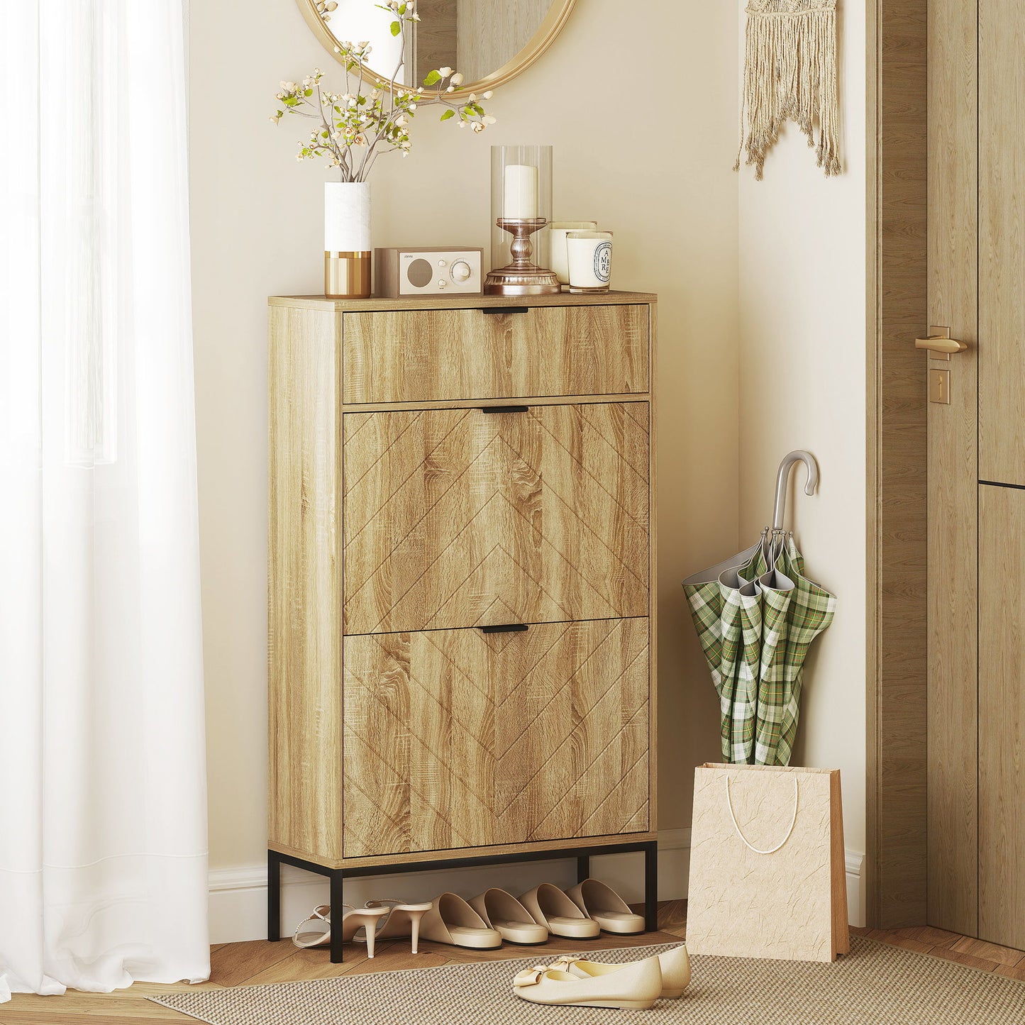Narrow Shoe Storage Cabinet with Flip Drawers, Shoe Cabinet with Adjustable Shelves, Sliding Drawer, Holds 8 Pairs, Oak