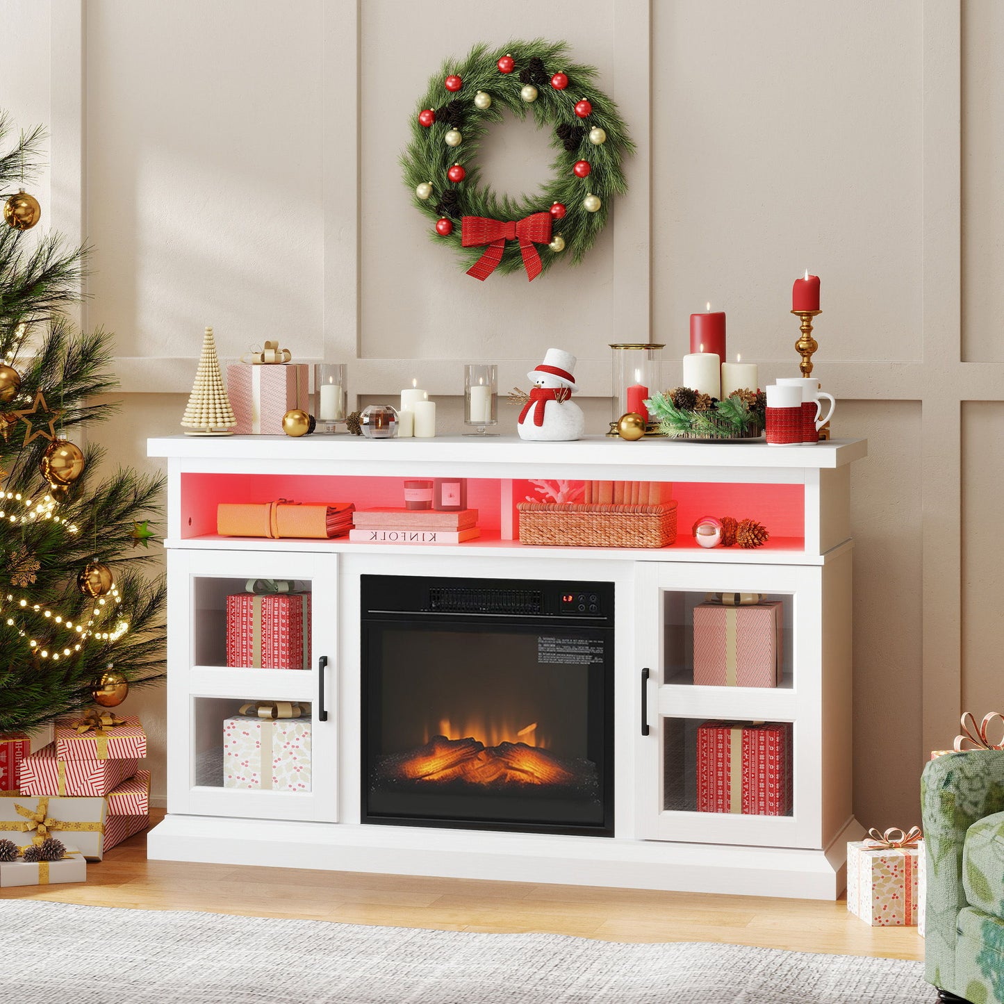 48" Fireplace TV Stand for TVs Up to 55 Inches, Media Entertainment Center with 3D Flame, Adjustable Shelves, White
