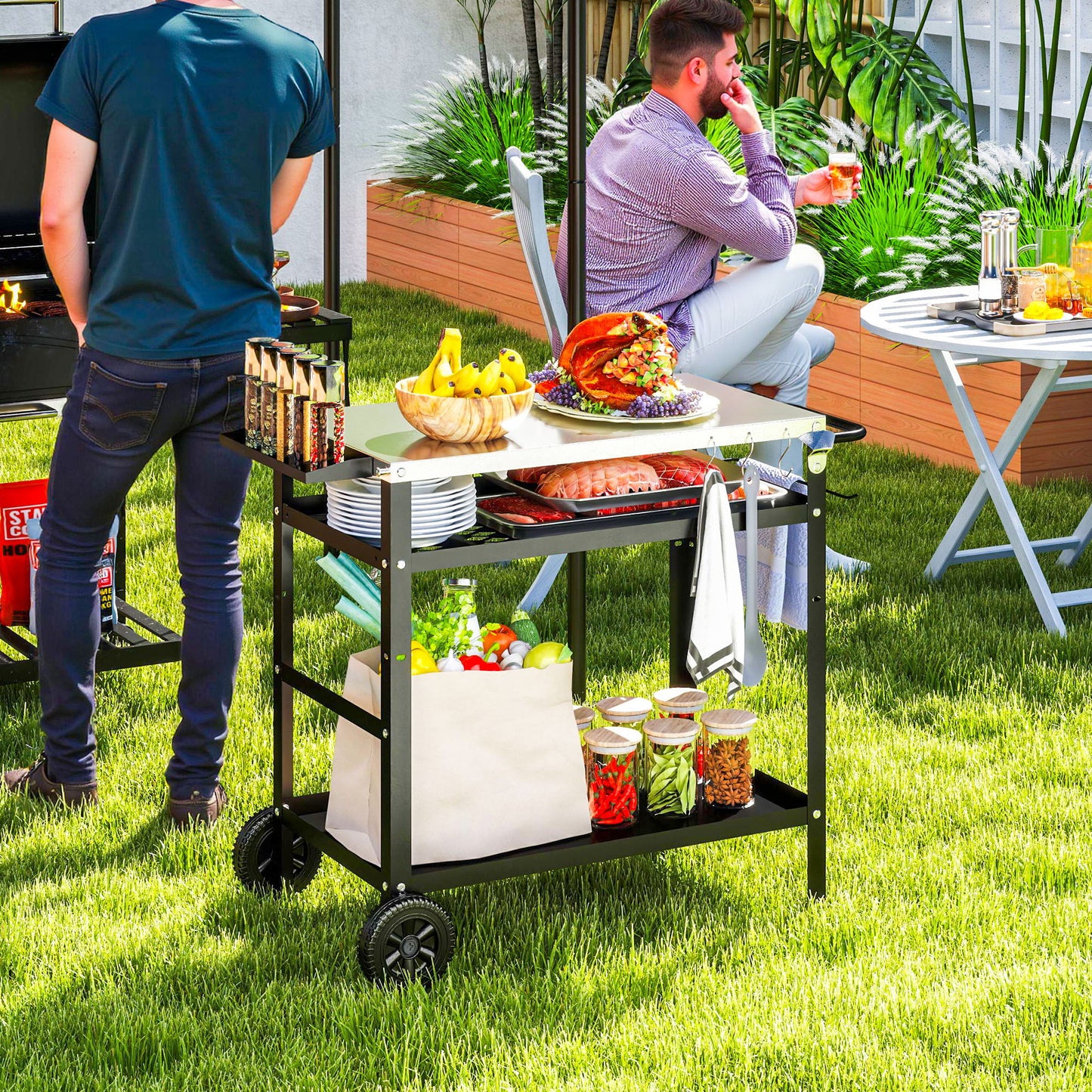 BBQ Stand with Stainless Steel Top Adjustable Shelf, Outdoor BBQ Station with Hooks Seasoning Tray Towel Rack
