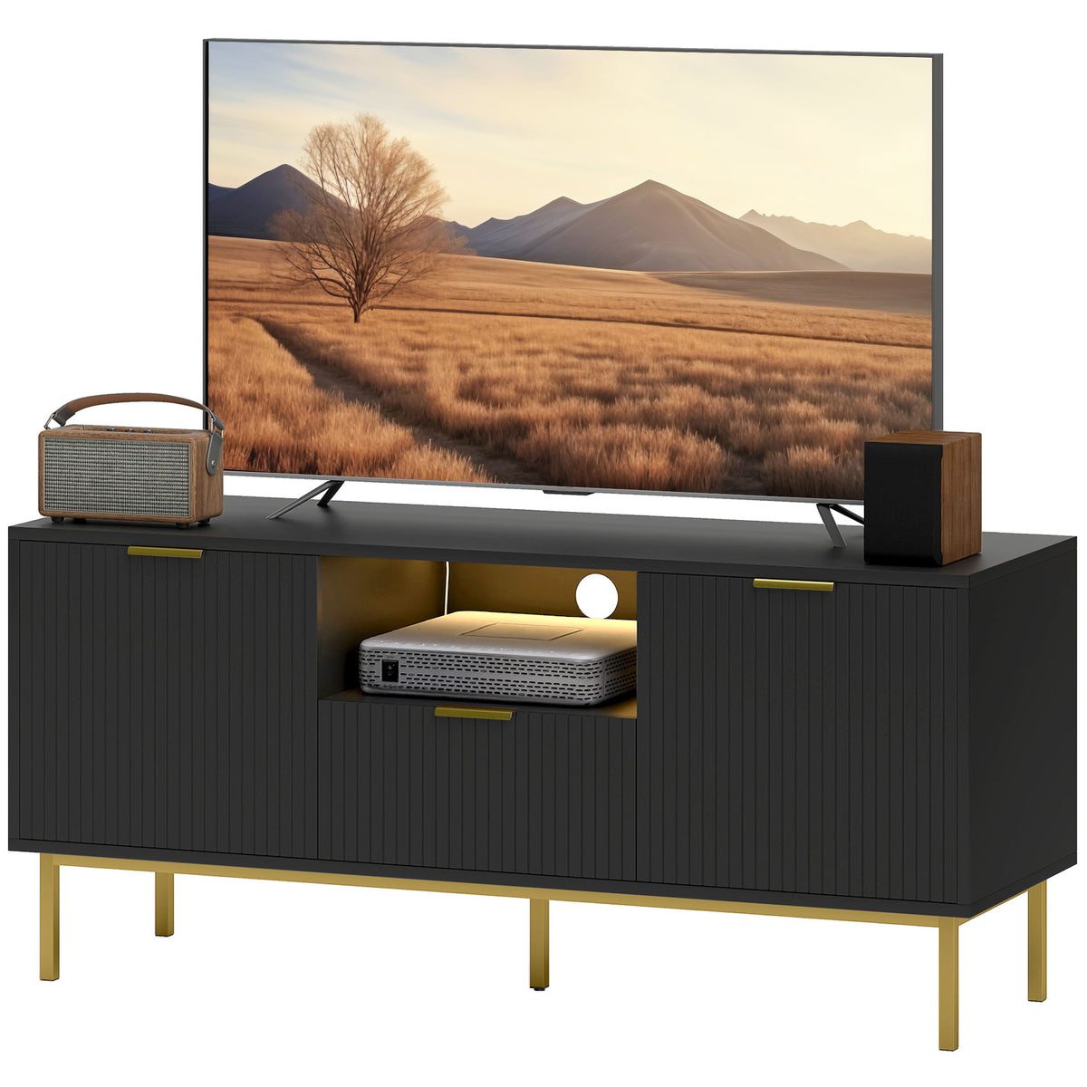 Modern TV Console for TVs up to 50 Inch, Entertainment Center with Smart RGB LED Lights and Soft Close Doors, Black