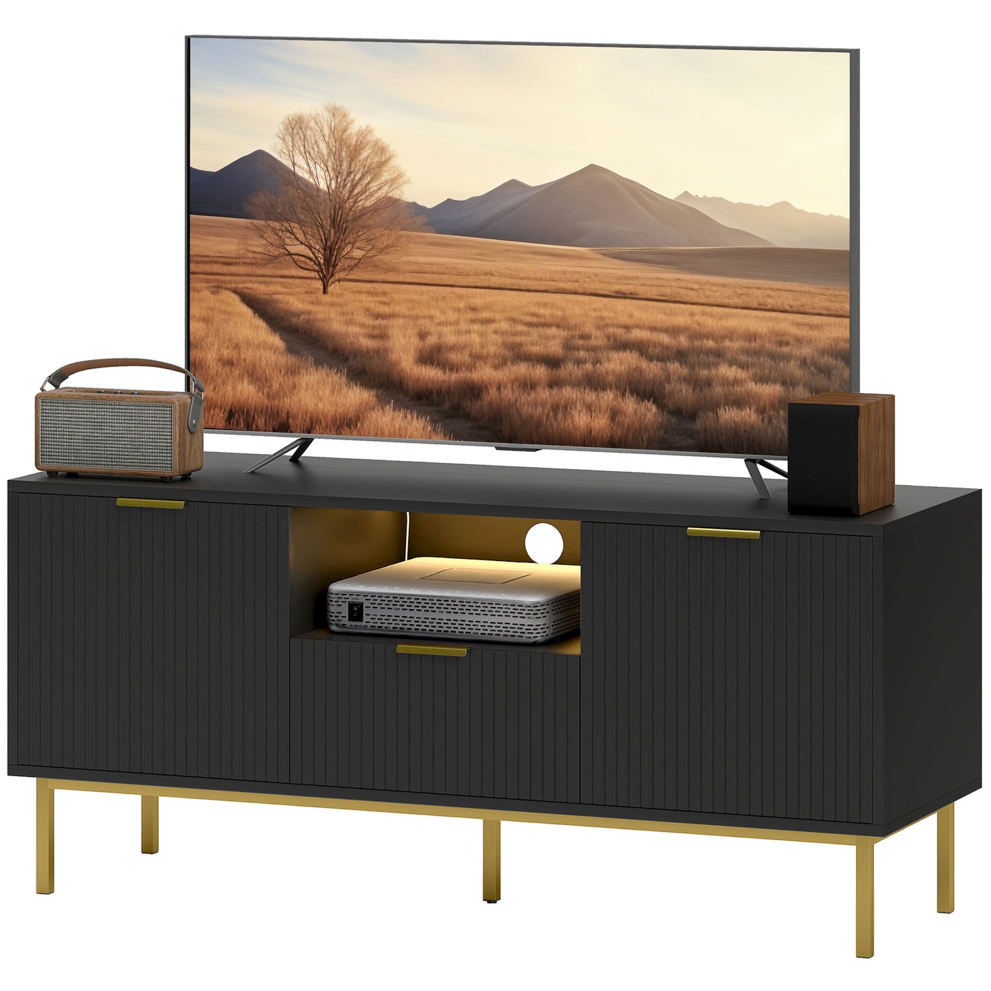 Modern TV Console for TVs up to 50 Inch, Entertainment Center with Smart RGB LED Lights and Soft Close Doors, Black