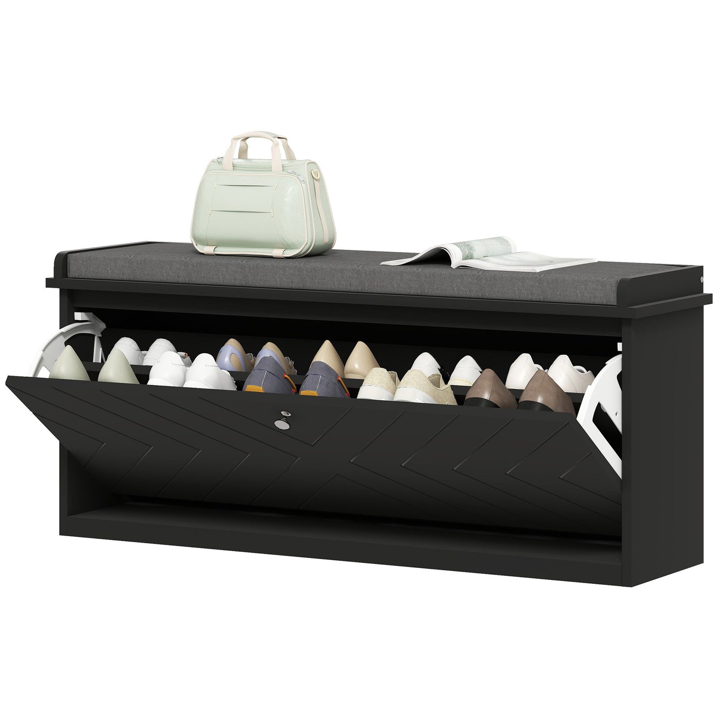Shoe Storage with Seat, Upholstered Hallway Bench, Shoe Bench with Flip Drawer, Adjustable Shelf for 8-10 Pairs of Shoes