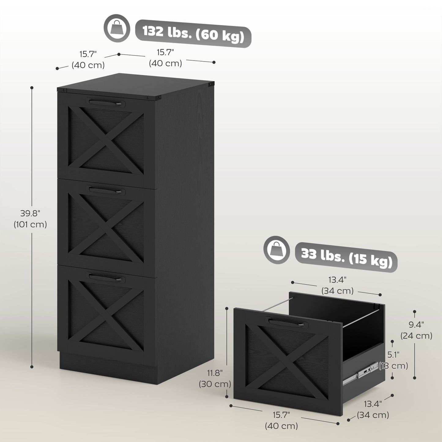 3 Drawer File Cabinet with Silent Slides, Vertical Farmhouse Filing Cabinet Fits Letter/A4 Size Home Office, Black