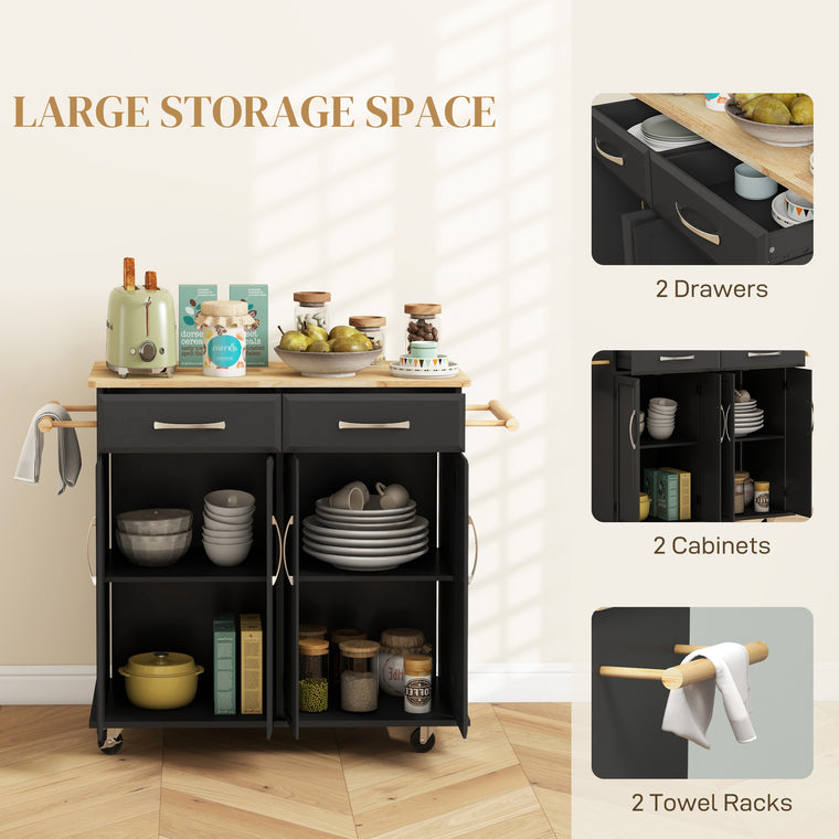Kitchen Island with Rubberwood Top and 2 Drawers - Black