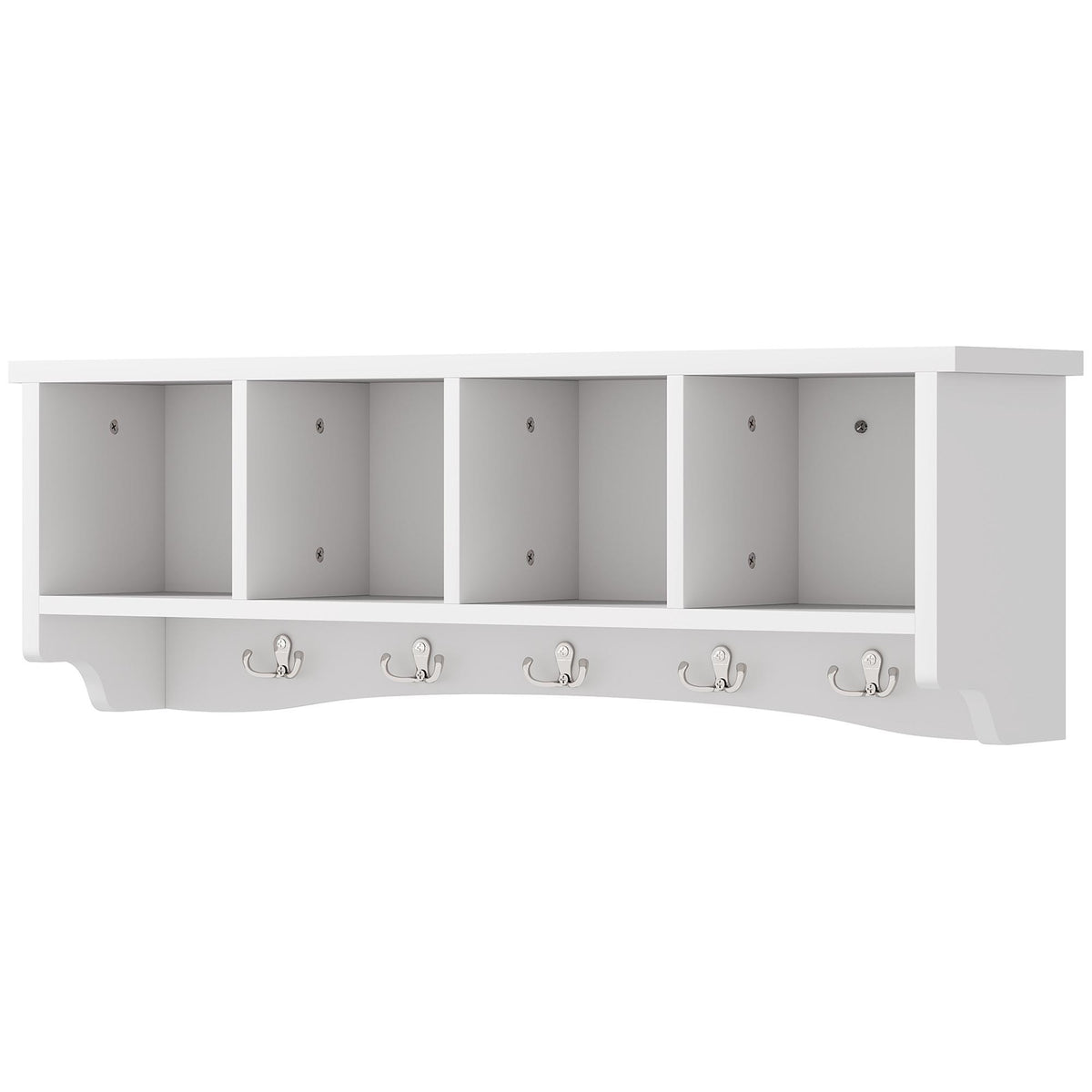 Coat Rack Wall Mount with Shelf, 28" Wall Coat Rack with 5 Hooks and 4 Compartments for Living Room, Entryway, White