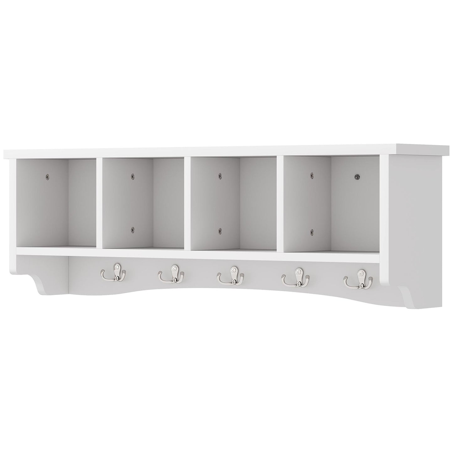 Coat Rack Wall Mount with Shelf, 28" Wall Coat Rack with 5 Hooks and 4 Compartments for Living Room, Entryway, White