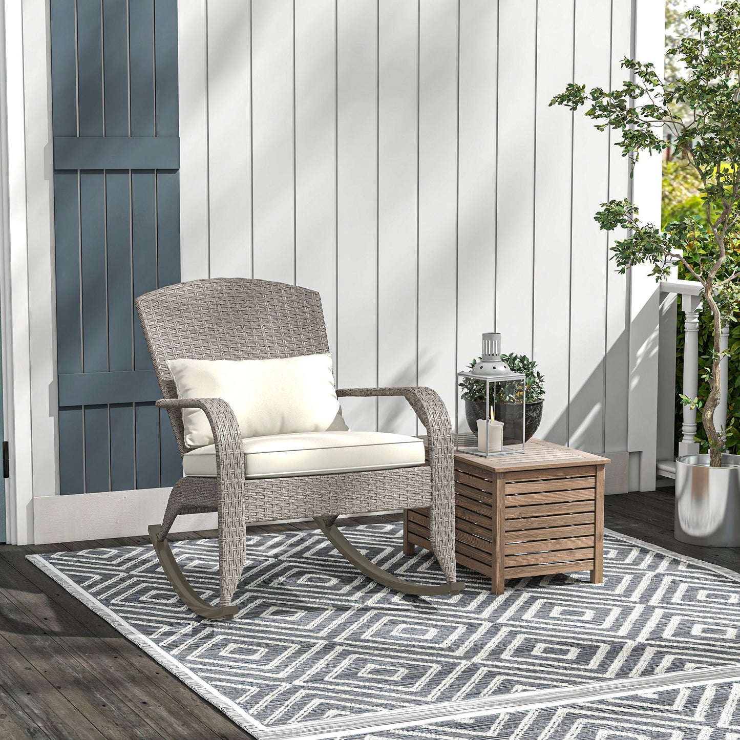Adirondack Chair, Outdoor Wicker Rocking Chair with High Back, Seat Cushion and Pillow for Porch, Balcony, Cream White