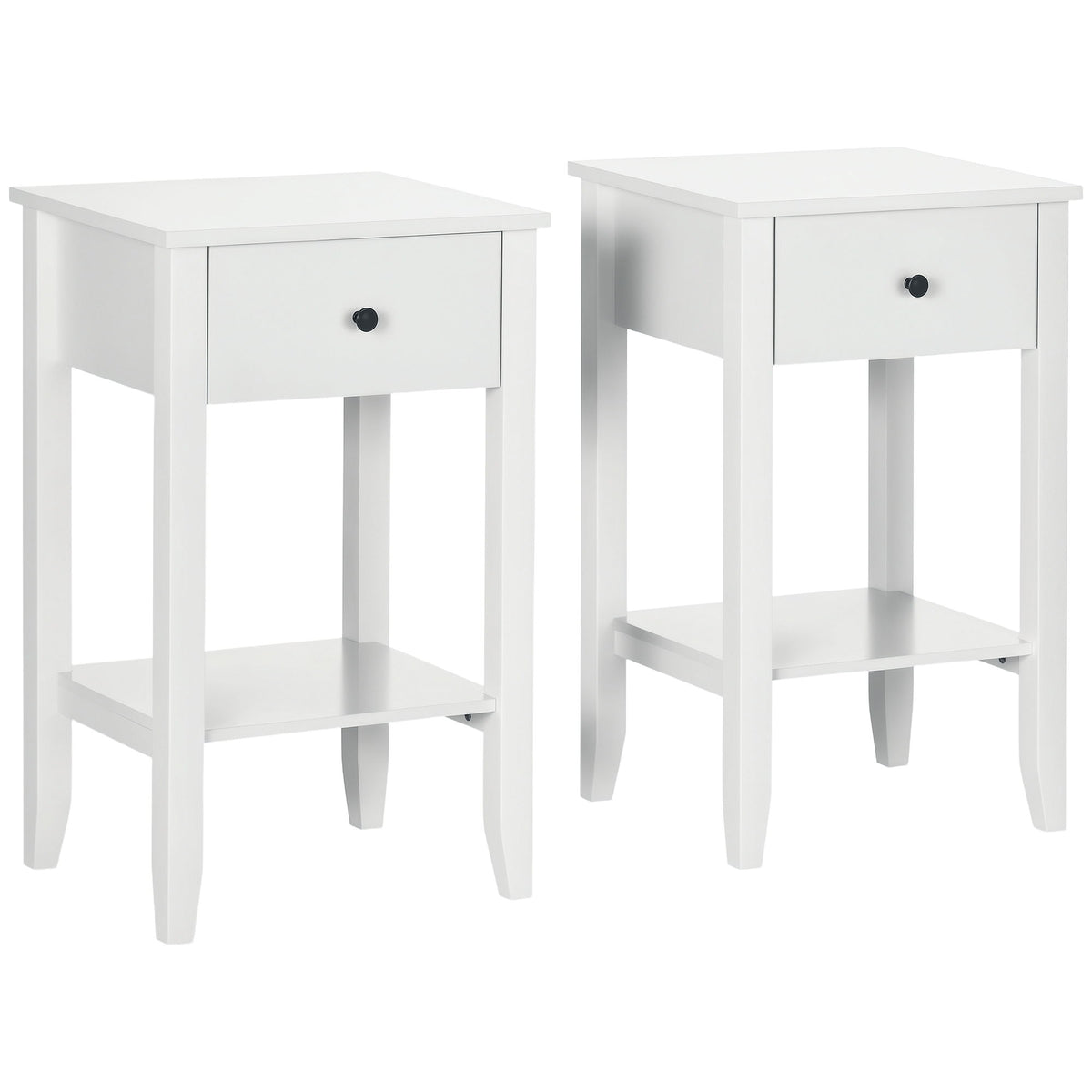 Side Table Set of 2, End Tables with Drawer and Bottom Shelf, 2-tier Nightstand for Bedroom, Living Room, White