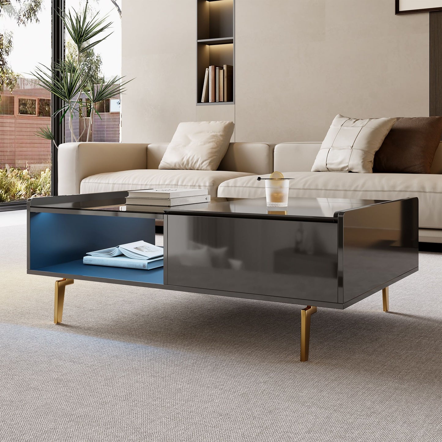High-Gloss Coffee Table with LED Lighting and Glass Top, Adjustable Heigh, Storage Compartments, Easy to Install, 43.5" L x 21.5" W x 15.5" H, Black