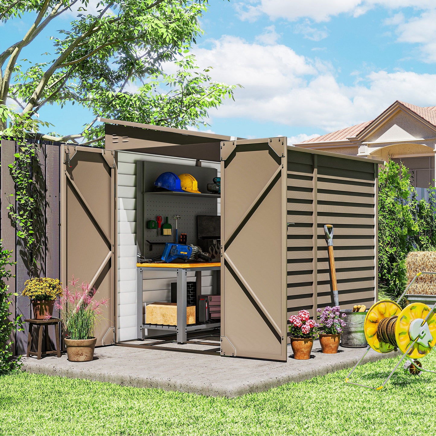 4.6' x 9' Steel Outdoor Storage Shed, Lean to Shed, Metal Tool House with Foundation Kit, Lockable Doors, Gloves and 2 Air Vents for Backyard, Patio, Lawn, Brown