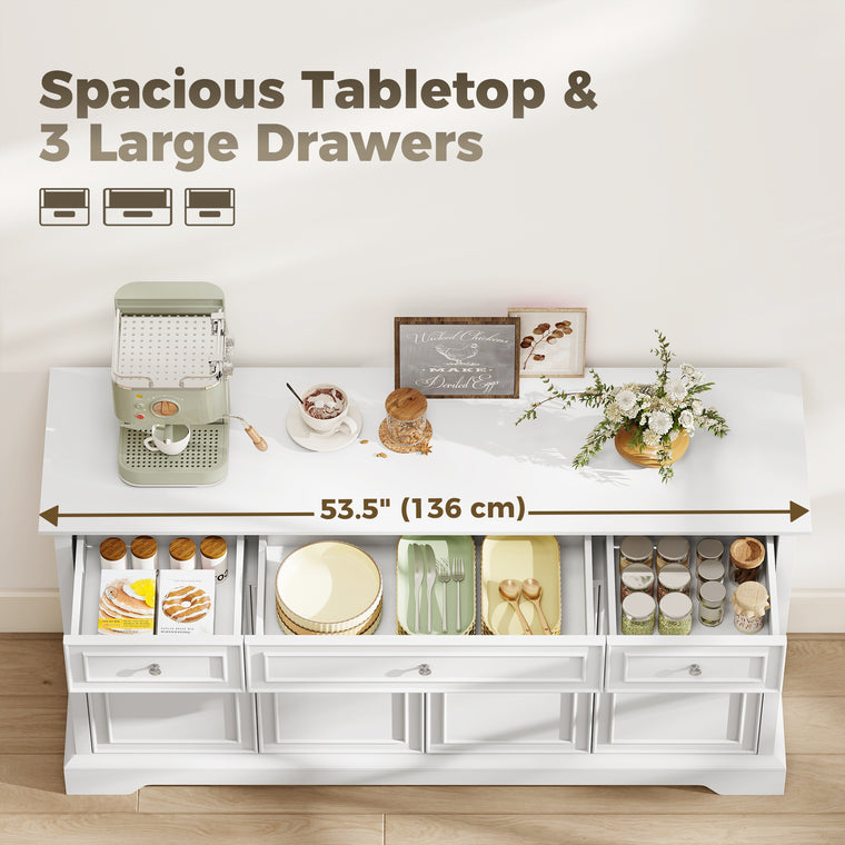 54" Sideboard Cabinet with Soft-Close Doors and 3 Drawers - White