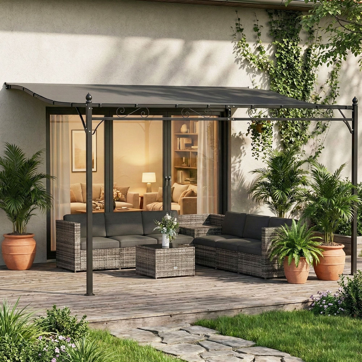 11.5' x 8.2' Outdoor Pergola, Wall Mounted Lean to Pergola with Metal Frame, UPF30+, Garden Gazebo