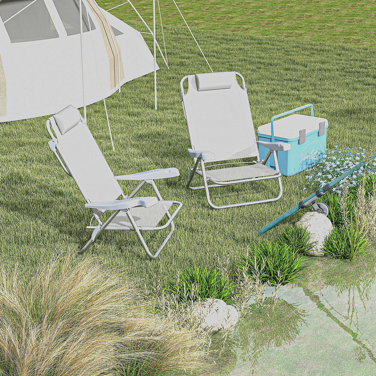 Set of 2 Camping Chairs, Beach Chairs with Adjustable Backrest and Headrest, Folding Chair for Outdoor, Light Grey
