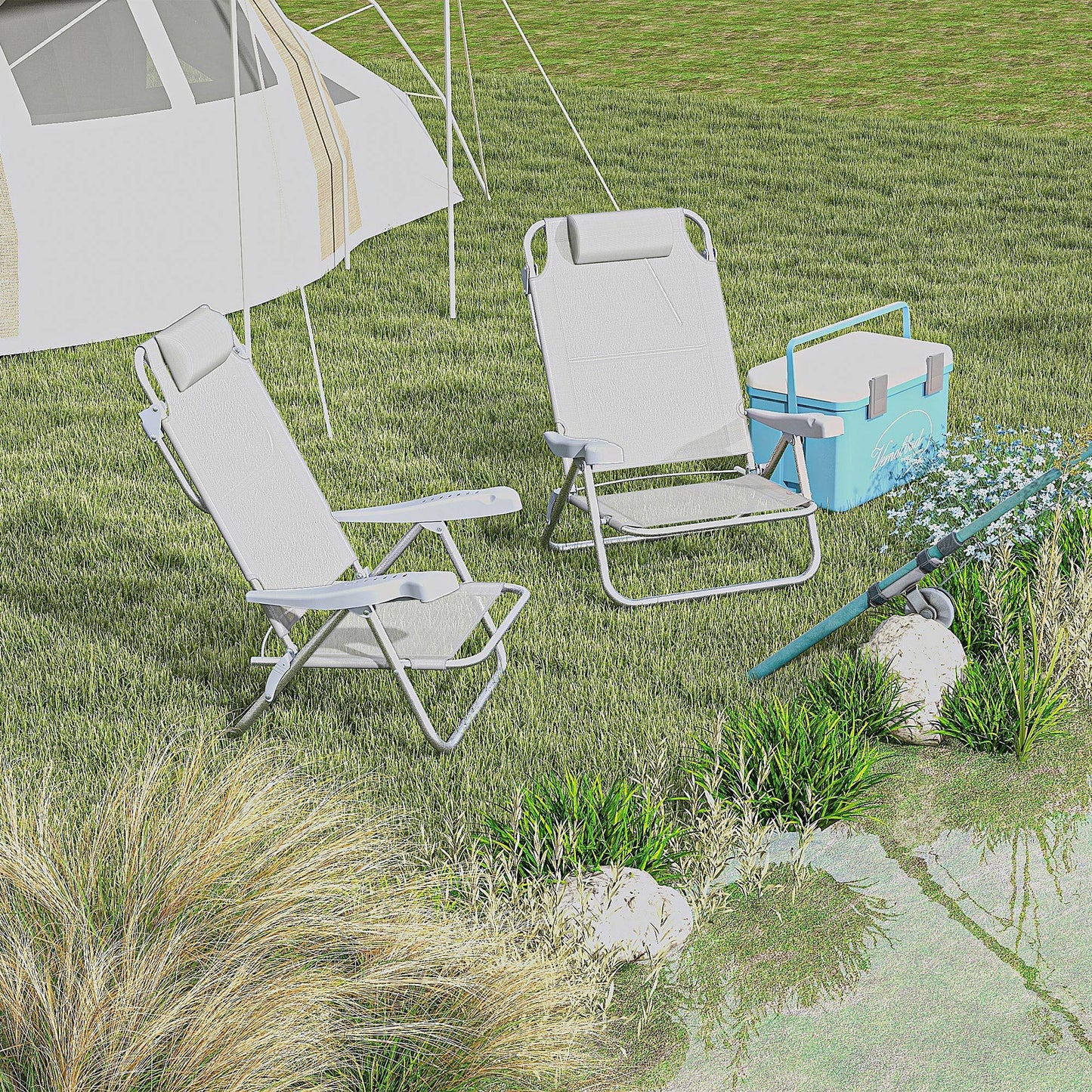 Set of 2 Camping Chairs, Beach Chairs with Adjustable Backrest and Headrest, Folding Chair for Outdoor, Light Grey