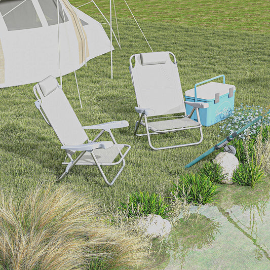 Set of 2 Camping Chairs, Beach Chairs with Adjustable Backrest and Headrest, Folding Chair for Outdoor, Light Grey