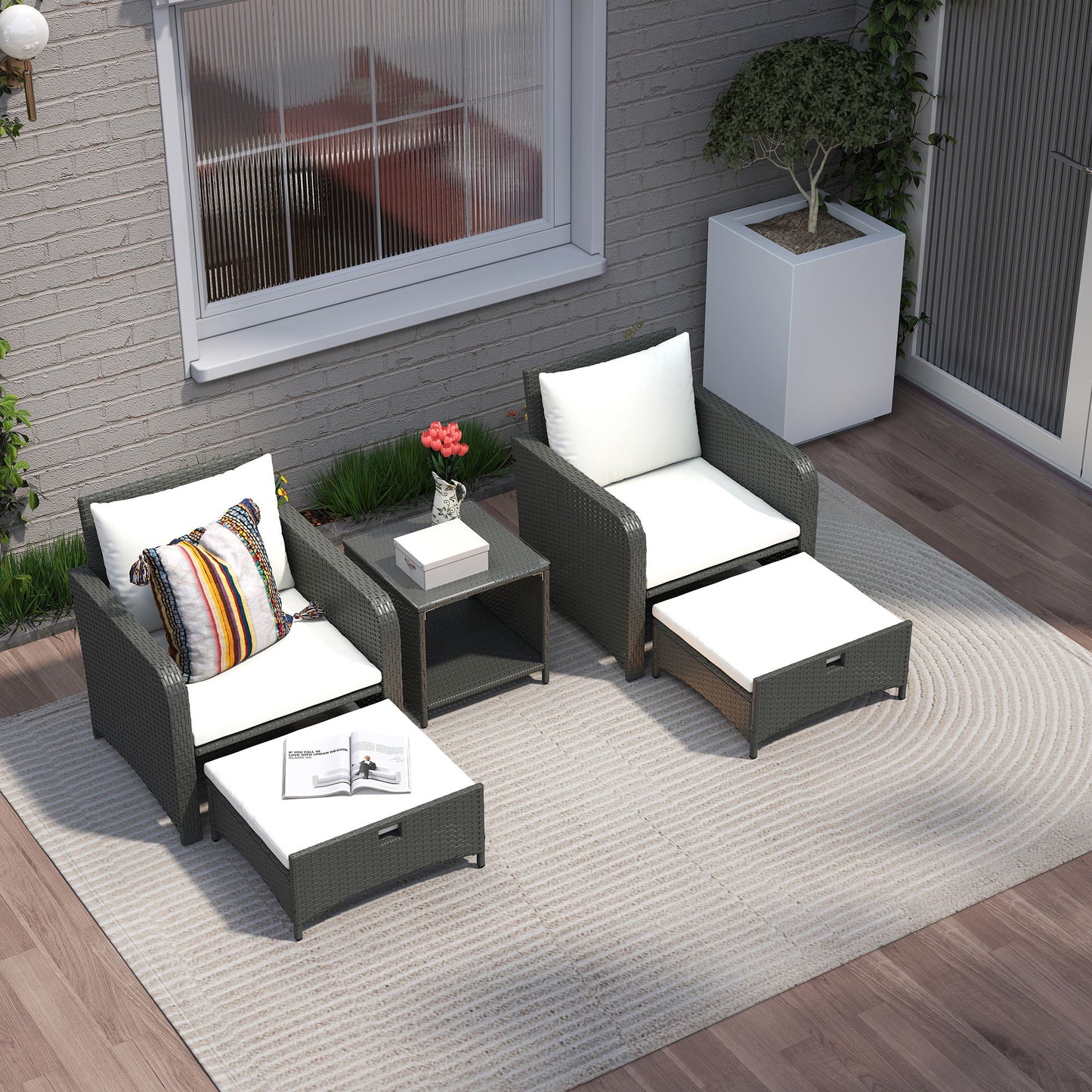 5 Piece Rattan Balcony Furniture Set, Wicker Outdoor Furniture Set with 2-Tier Coffee Table, Ottomans, Grey, Cream White