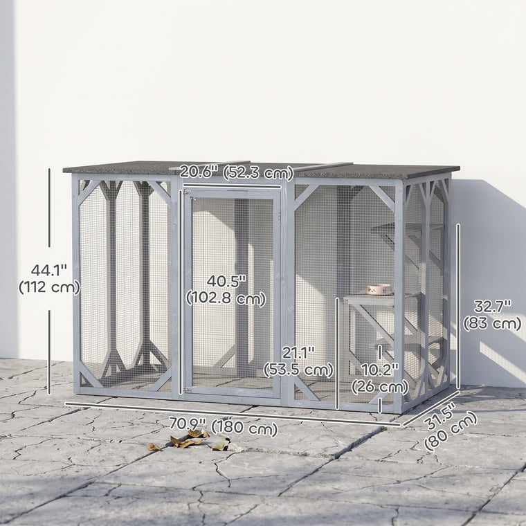 44.1"H Grey Wooden Cat Cage with Multi-Level Platforms