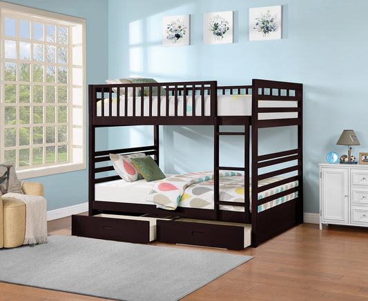 Zane Espresso Double over Double Bunk Bed with Storage Drawers and Solid Wood