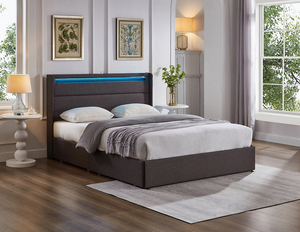 Luminous Grey Bed Frame with LED & Storage