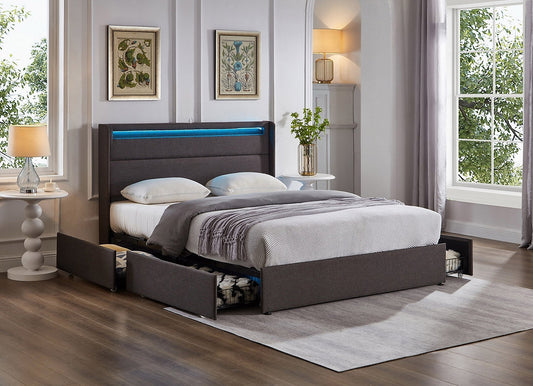 Luminous Grey Bed Frame with LED & Storage