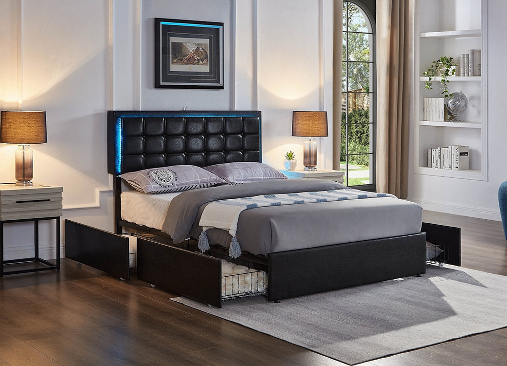 Celestial Black Tufted Bed with LED & Storage