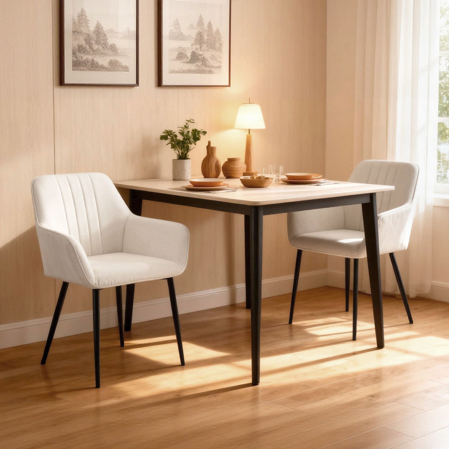 Dining Chairs Set of 2, Upholstered Linen Fabric Accent Chairs with Metal Legs, Beige