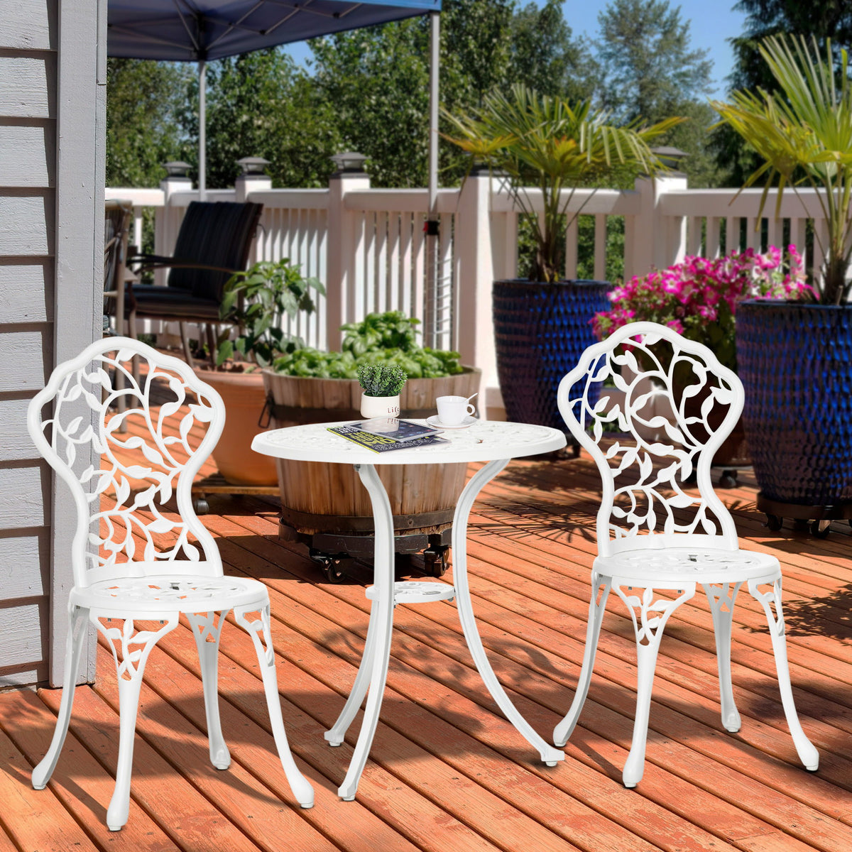 3 Pieces Outdoor Furniture Set, Patio Table and Chairs with Cast Aluminum Frame for Garden, Balcony, Porch, White