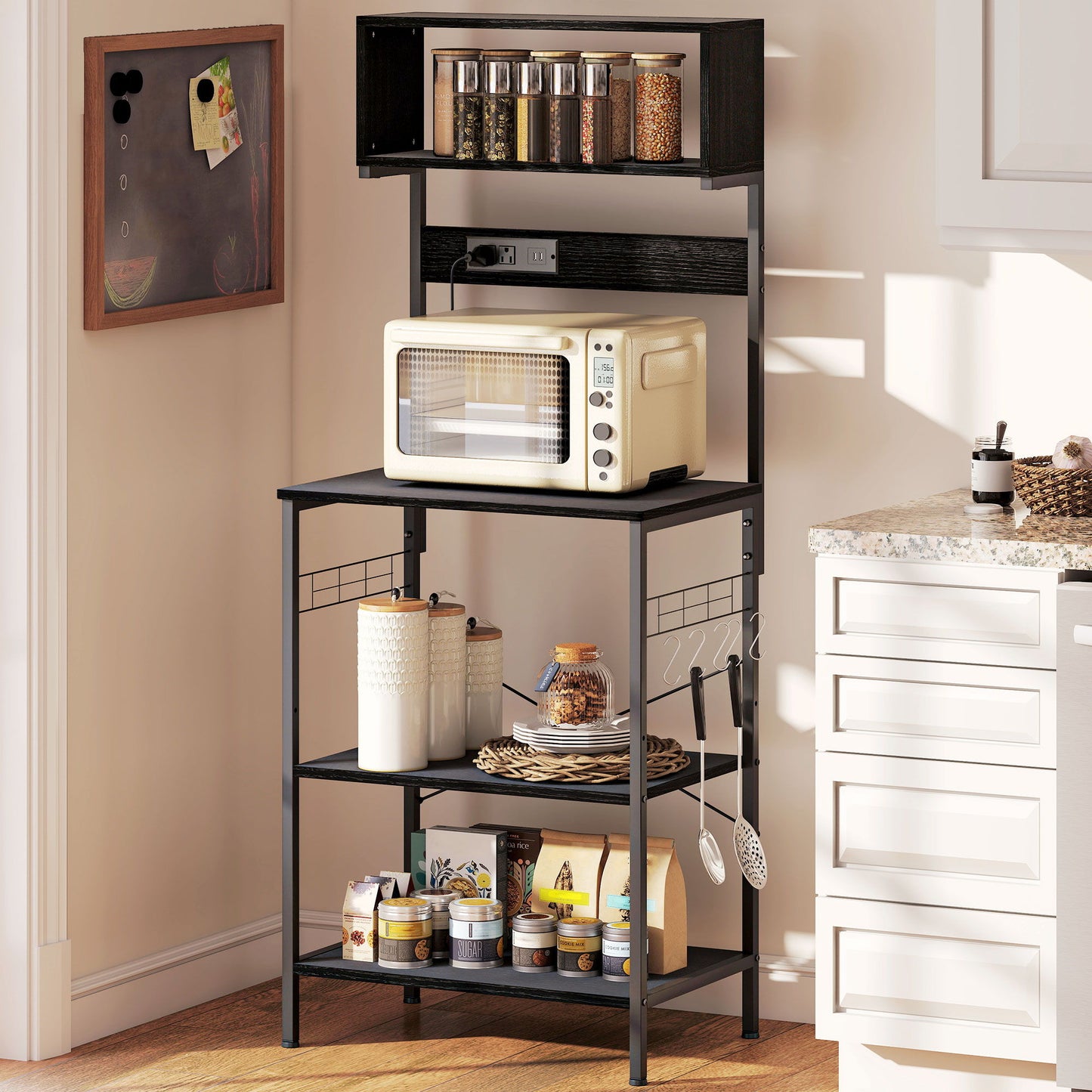 Baker's Rack with Charing Station, Microwave Shelf with Power Outlet, USB Charger and 5 Hooks, Black