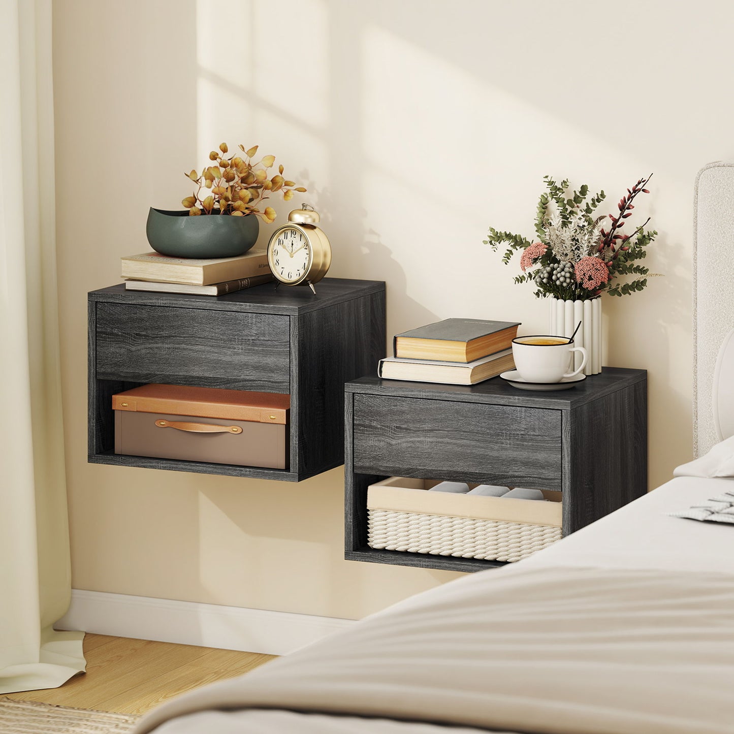 Floating Nightstand Set of 2, Wall Mounted Bedside Table with Drawer for Bedroom, Grey