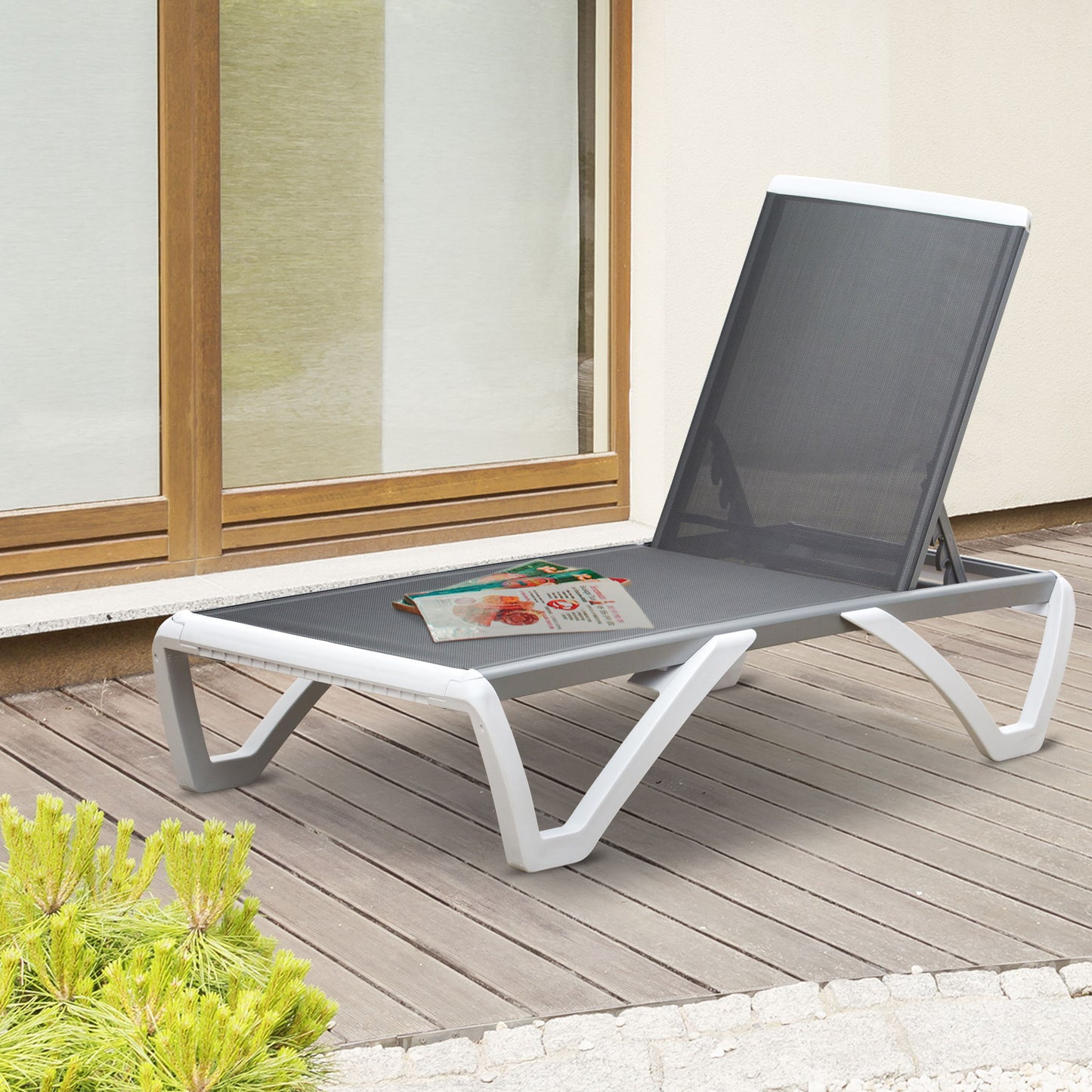 Outdoor Chaise Lounge Chair, Patio Aluminum Tanning Chair with 5-Level Adjustable Back, Portable Wheels, Breathable Mesh Fabric, for Pool, Deck, Garden, Grey