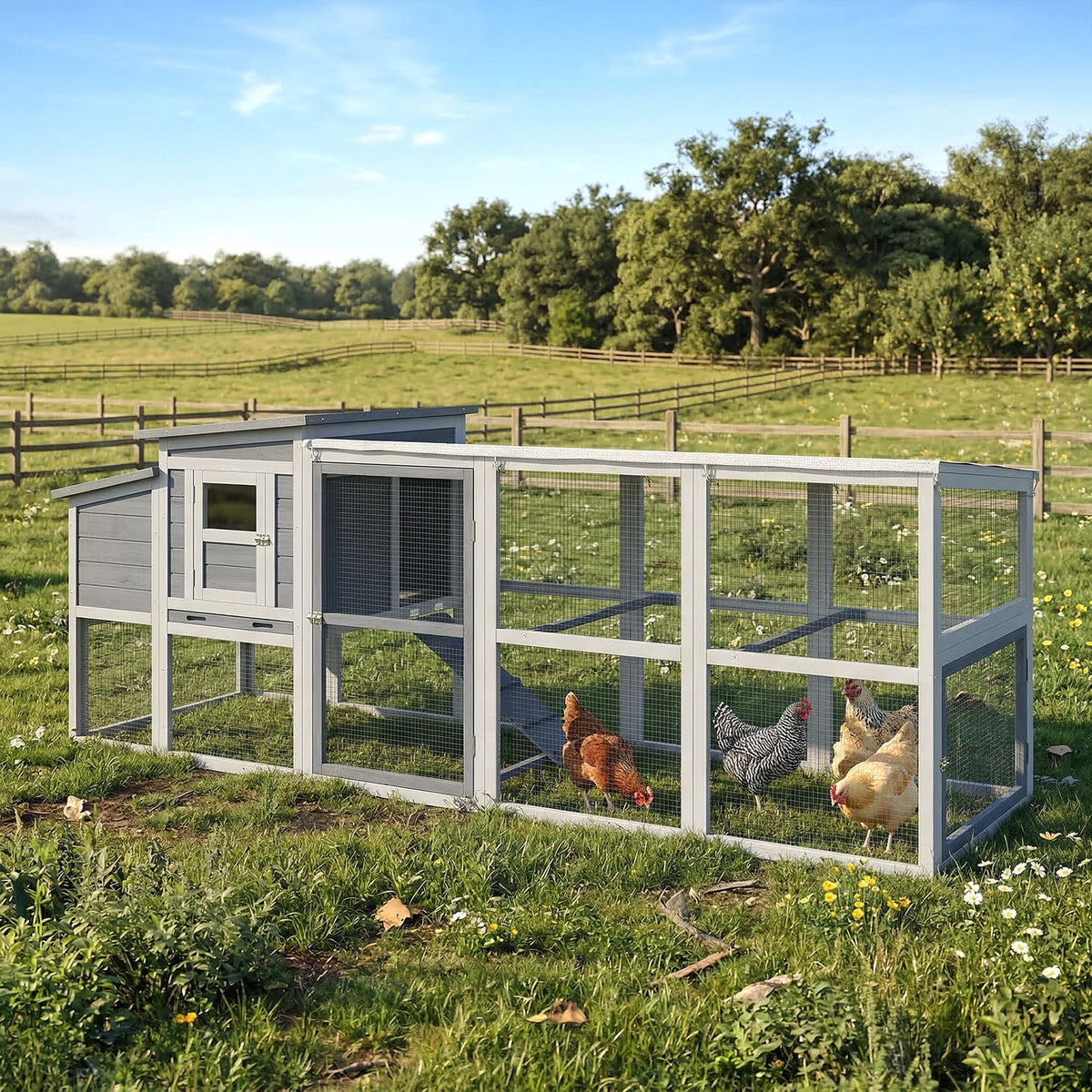 Large Chicken Coop, Wooden Hen House with Covered Run, Nesting Box, Pull-Out Tray, Opening Asphalt Roof