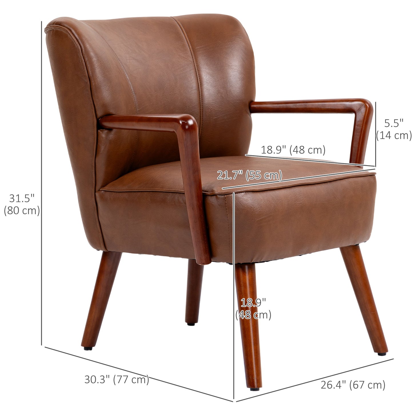 Accent Chair, Modern Armchair, Faux Leather Upholstered Living Room Chair with Wood Legs and Wide Padded Seat, Brown