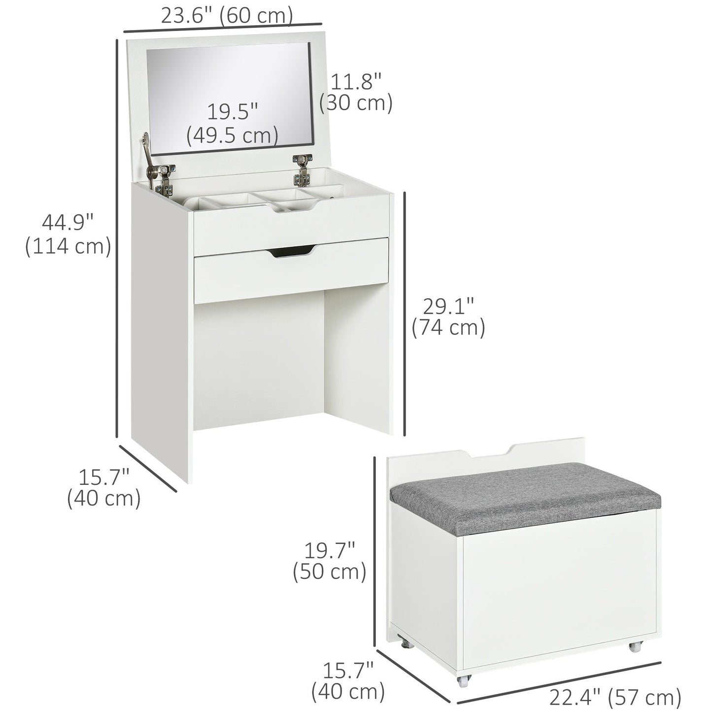 Makeup Vanity Set with Flip-Top Mirror and Stool - White