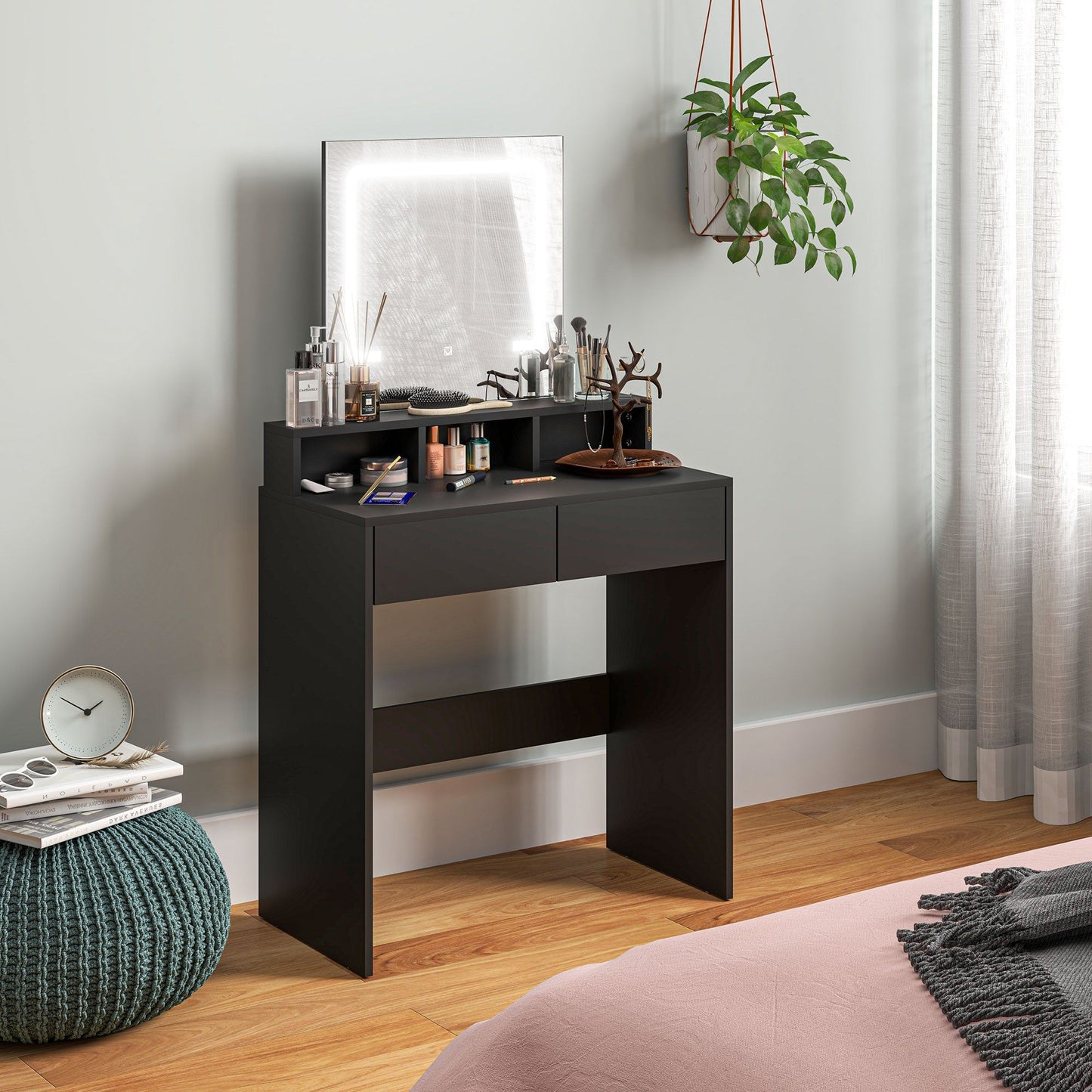 Makeup Vanity Desk with LED Mirror and Drawers - Black
