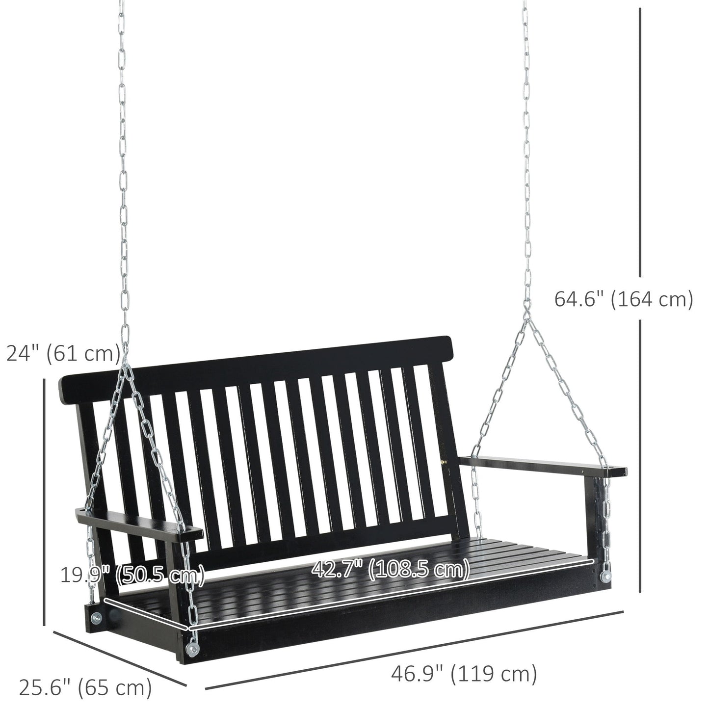 2-Seater Patio Swing Chair, Fir Wooden Porch Swing with Slatted Design, Hanging Chains for Outdoor, Garden, Black