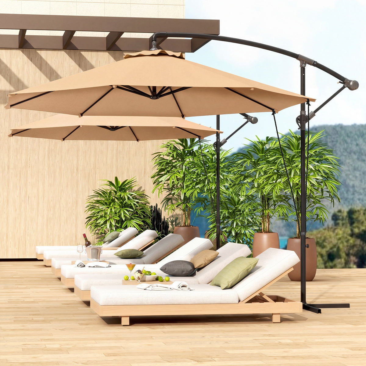 9.5' Cantilever Umbrella with Wind Protection Strap and Cover, Hanging Umbrella with Crank and Cross Base, Khaki