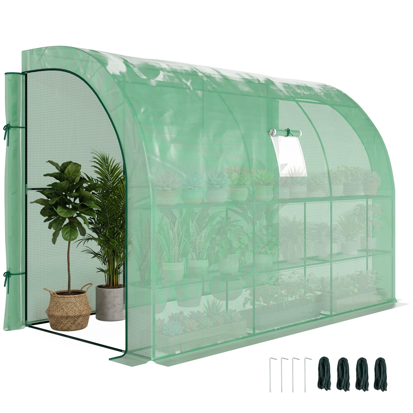 Walk-in Wall Lean-to Greenhouse, 10' x 5' x 7' Outdoor Gardening Green House with PE Cover, Windows, Shelves and 2 Zipper Doors, Green