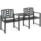 Steel Garden Bench w/ Middle Table, Umbrella Hole, Double Seat for Outdoor, Patio, Backyard Weather-Resistant Frame, Black