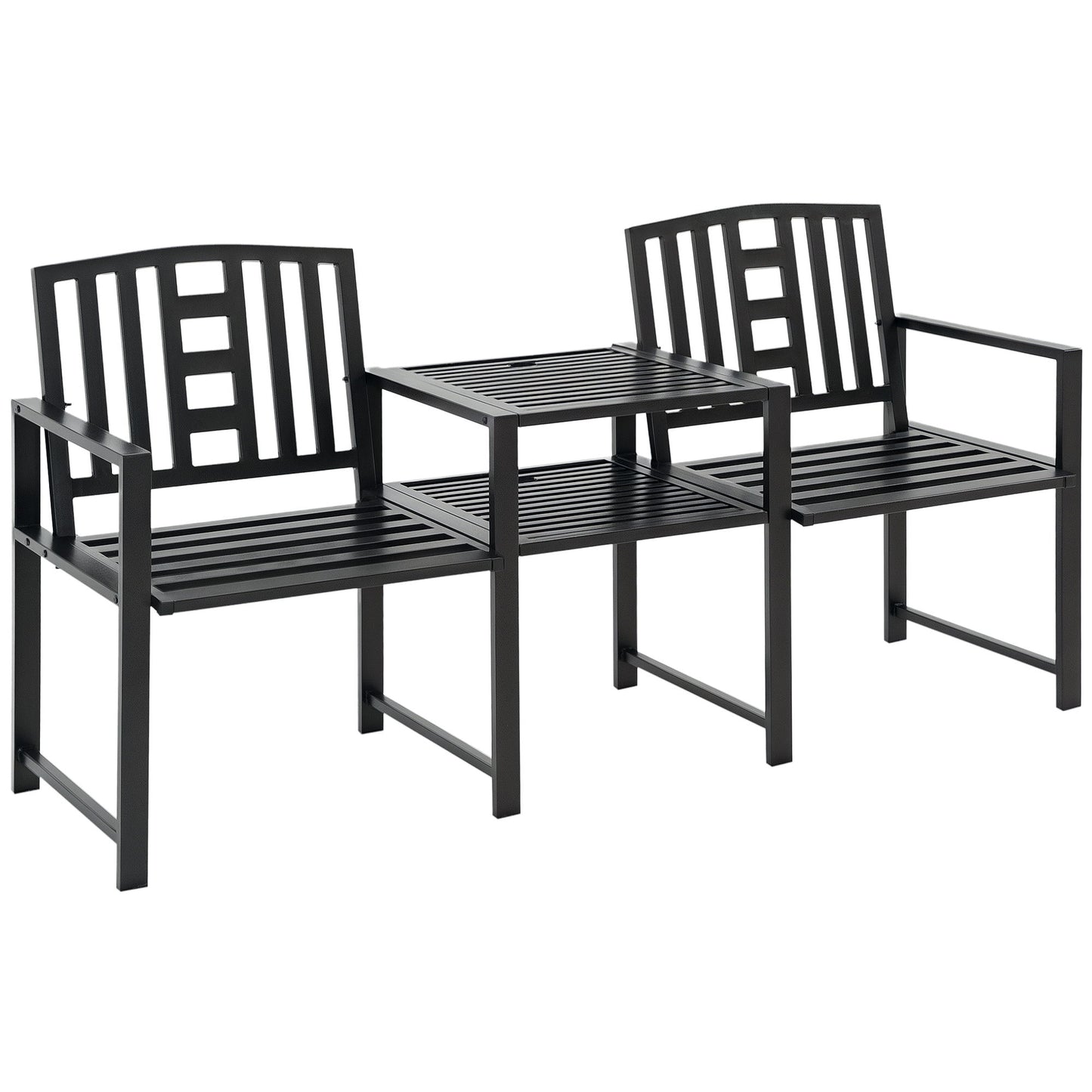 Steel Garden Bench w/ Middle Table, Umbrella Hole, Double Seat for Outdoor, Patio, Backyard Weather-Resistant Frame, Black