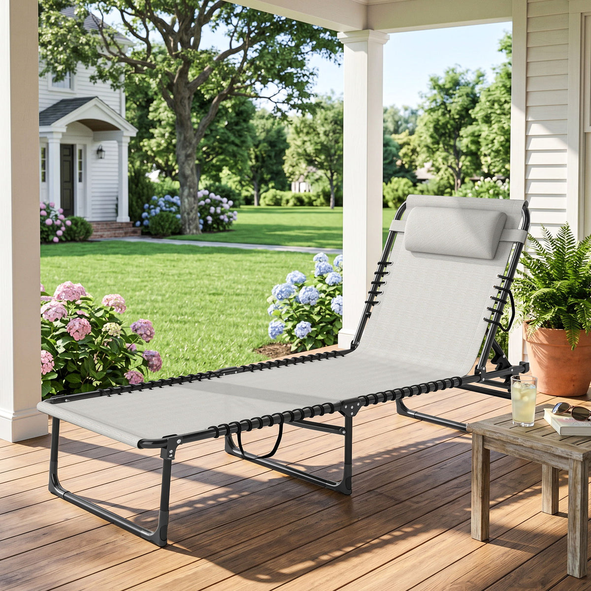 Outdoor Folding Lounge Chair, 4-Level Adjustable Chaise Lounge with Headrest, Tanning Chair Beach Bed, Reclining Lounger Cot for Camping, Hiking, Backyard, Cream