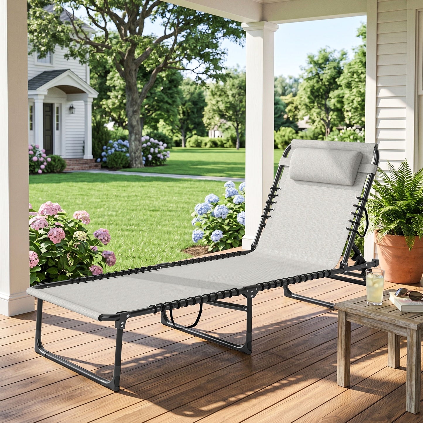 Outdoor Folding Lounge Chair, 4-Level Adjustable Chaise Lounge with Headrest, Tanning Chair Beach Bed, Reclining Lounger Cot for Camping, Hiking, Backyard, Cream