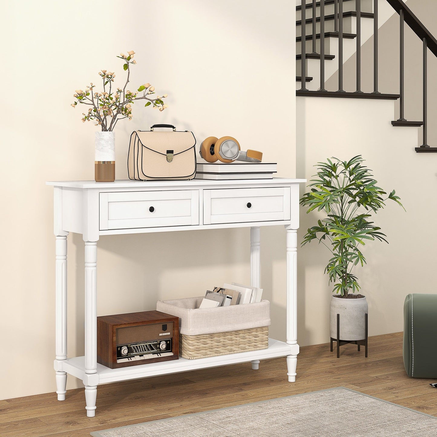 Console Table with 2 Drawers and Storage Shelf - White